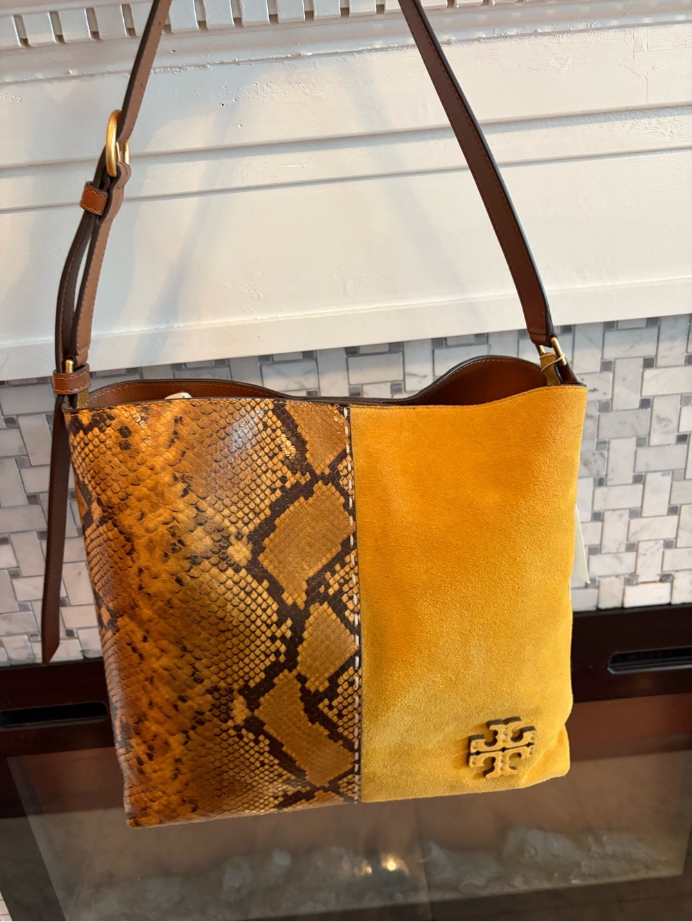Tory Burch Yellow Suede & Python-Print Shoulder Bag